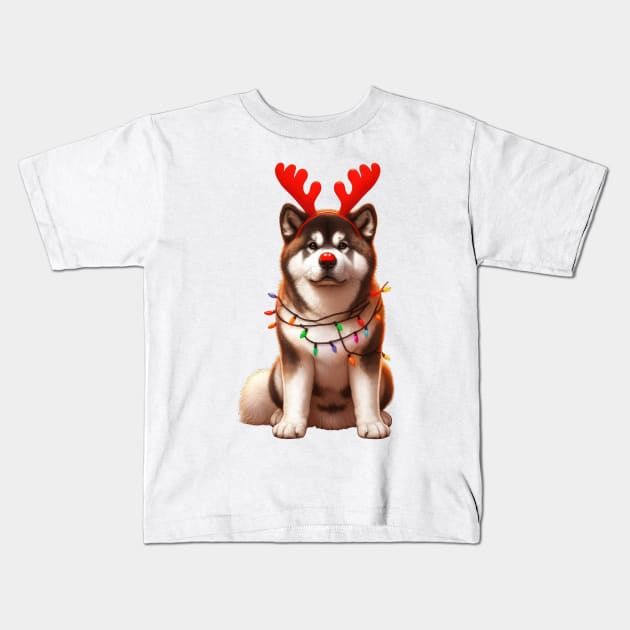 Christmas Red Nose Akita Dog Kids T-Shirt by Chromatic Fusion Studio